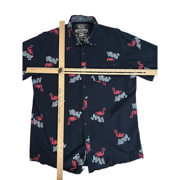 Flamingo Print XL Broken Threads Men’s Short Sleeve Button-Up Shirt Navy Blue - Picture 9 of 11